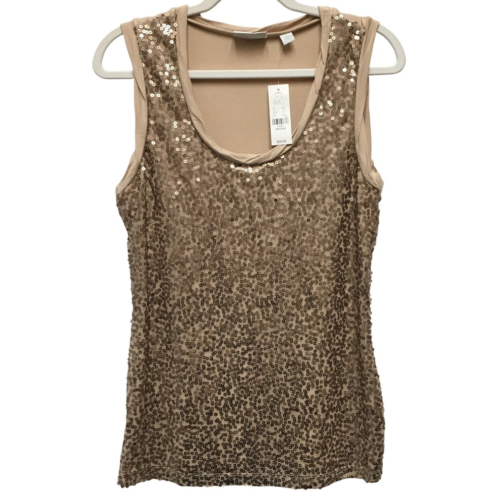 New York & Company Sequin Stretch Tank Top Women's Medium Tan Gold Glam Party